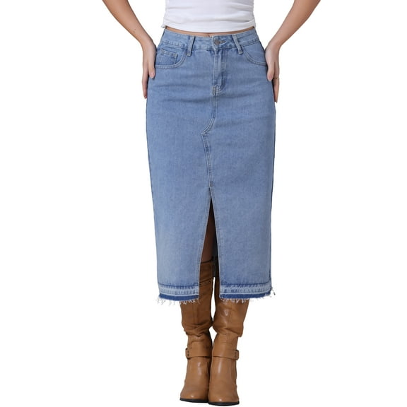 INSPIRE CHIC Women's Jean Slit Raw Trim Hem High Waist Stretchy Midi Pencil Long Denim Skirt XL Light Blue
