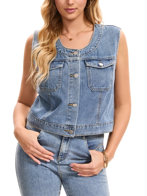 Women's Jean Vest Button Down Vests Crew Neck Collarless Washed Distressed Sleeveless Denim Jackets XL Light Gray Blue