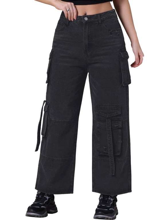 Women's Jeans Baggy Wide Leg Mid Rise Cargo Pockets Casual Denim Pants L Black