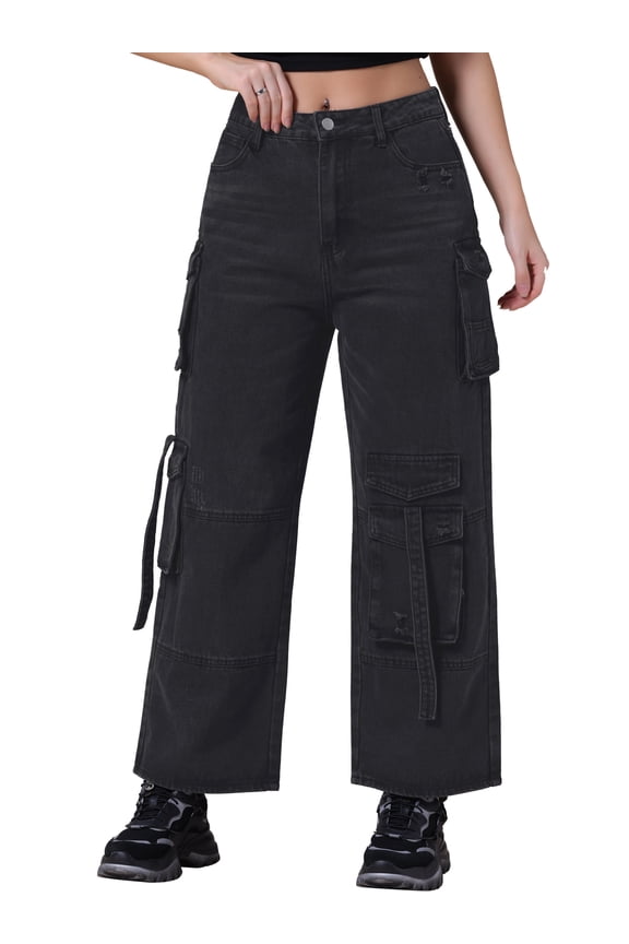Women's Jeans Baggy Wide Leg Mid Rise Cargo Pockets Casual Denim Pants L Black