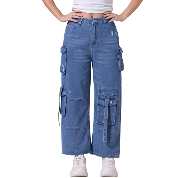 INSPIRE CHIC Women's Jeans Baggy Wide Leg Mid Rise Cargo Pockets Casual Denim Pants M Blue