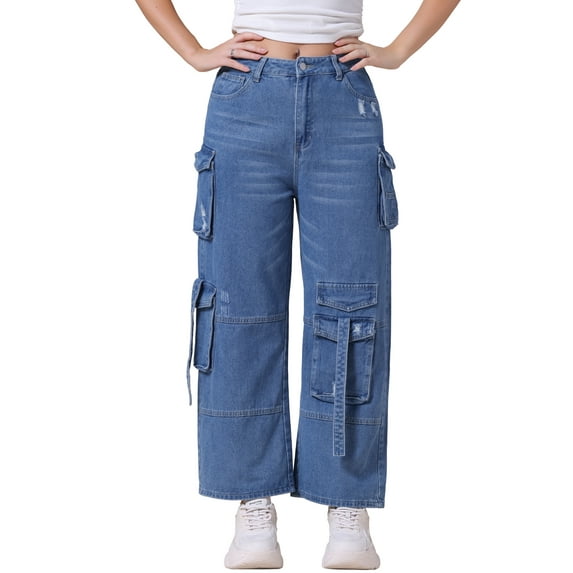 INSPIRE CHIC Women's Jeans Baggy Wide Leg Mid Rise Cargo Pockets Casual Denim Pants S Blue