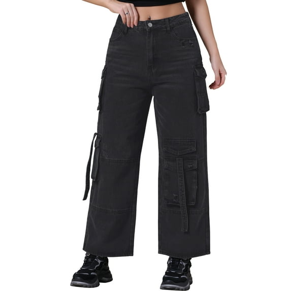 INSPIRE CHIC Women's Jeans Baggy Wide Leg Mid Rise Cargo Pockets Casual Denim Pants XL Black