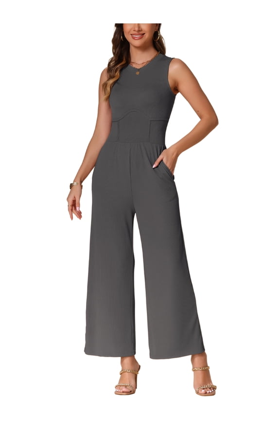 Women's Jumpsuit Dressy Casual Sleeveless Round Neck Outfits Wide Leg Rompers XS Grey