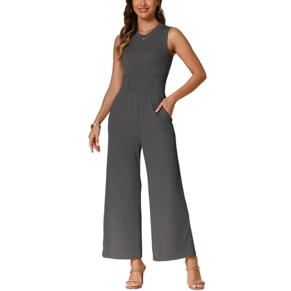 INSPIRE CHIC Women's Jumpsuit Dressy Casual Sleeveless Round Neck Outfits Wide Leg Rompers XS Grey