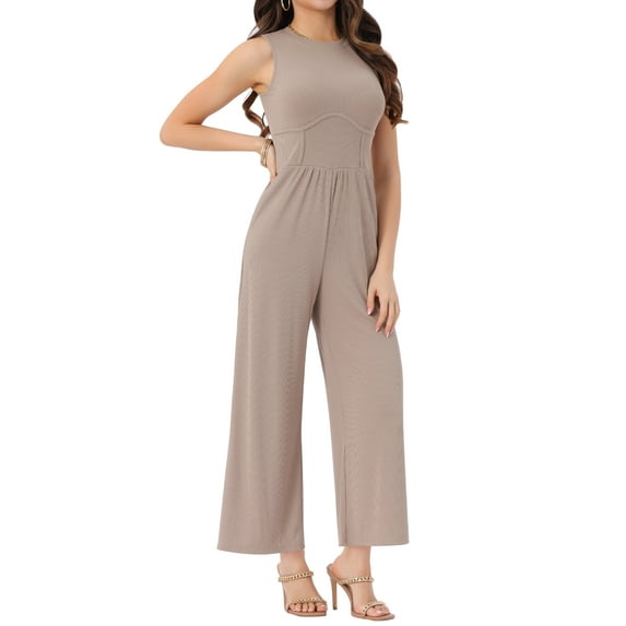 INSPIRE CHIC Women's Jumpsuit Dressy Casual Sleeveless Round Neck Wide Leg Rompers XS Light Khaki