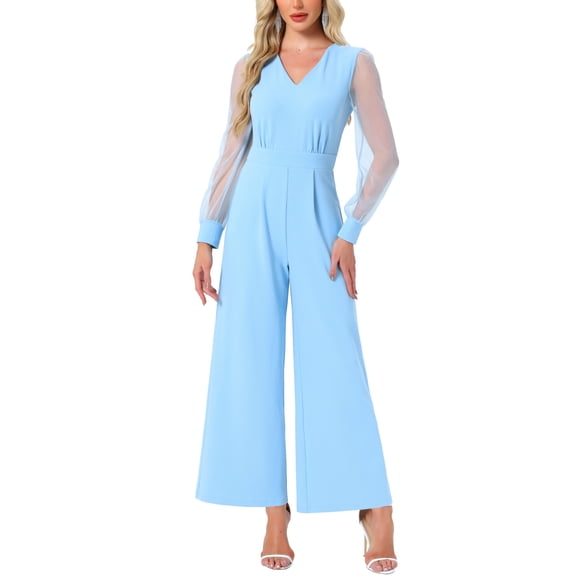 INSPIRE CHIC Outfit Women's Jumpsuits V Neck Mesh Long Sleeve Wide Leg Party Rompers S Light Blue