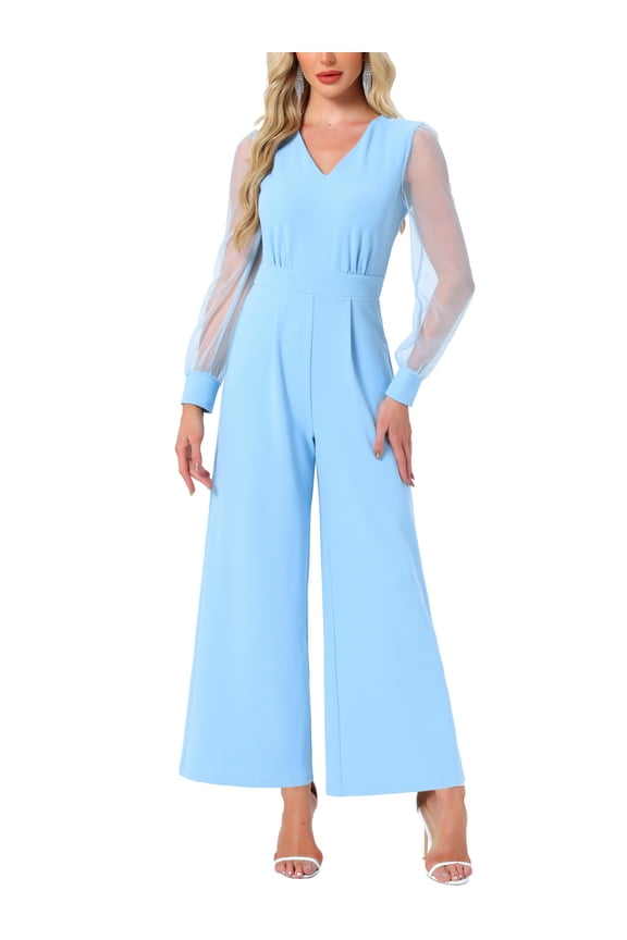 Outfit Women's Jumpsuits V Neck Mesh Long Sleeve Wide Leg Party Rompers S Light Blue