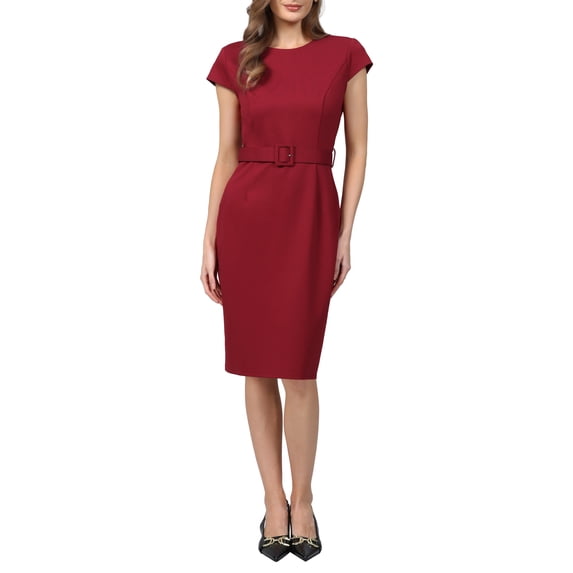 INSPIRE CHIC Women's Knee Length Pencil Dress Cap Sleeve Belted Wear to Work Sheath Dresses S Dark Red