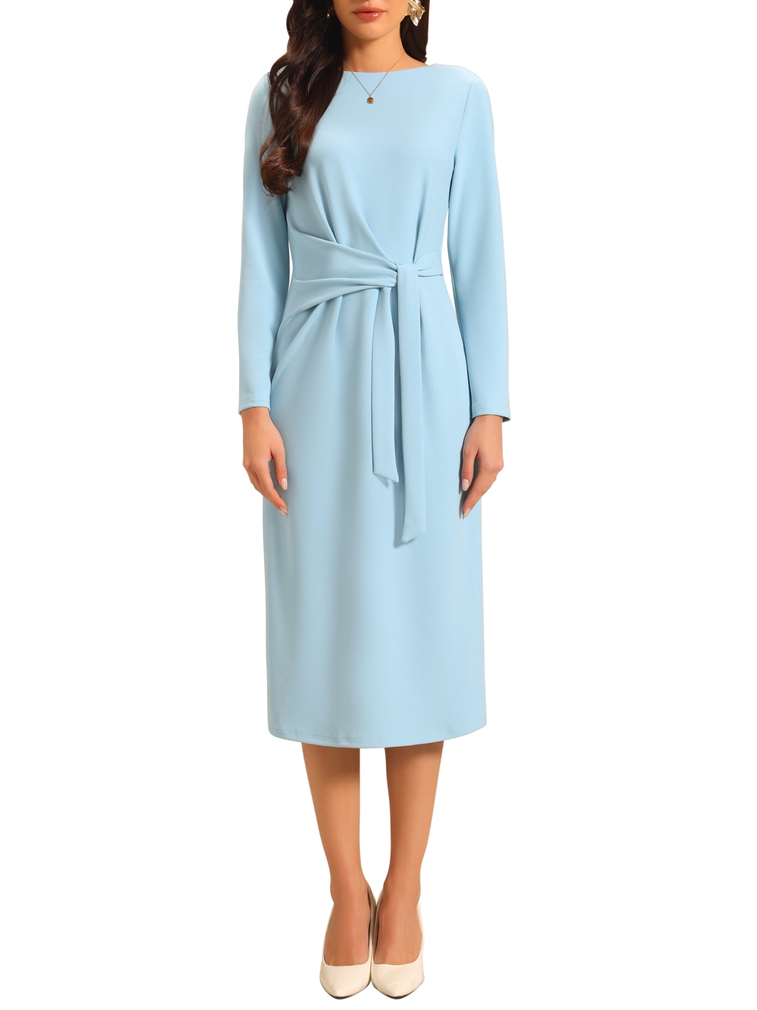 ice blue dresses knee length Inspire Chic Women's Pencil Dress Long Sleeve Tie Waist Church Work Sheath 2XL Light Blue, Black halter neck top