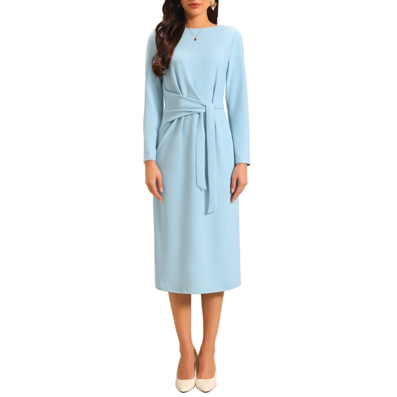 INSPIRE CHIC Women's Knee Length Pencil Dress Long Sleeve Tie Waist Church Work Sheath Dresses 2XL Light Blue