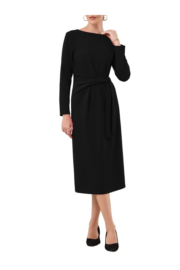 Women's Knee Length Pencil Dress Long Sleeve Tie Waist Church Work Sheath Dresses M Black