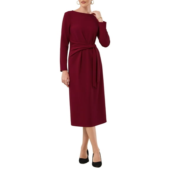 INSPIRE CHIC Women's Knee Length Pencil Dress Long Sleeve Tie Waist Church Work Sheath Dresses M Dark Red