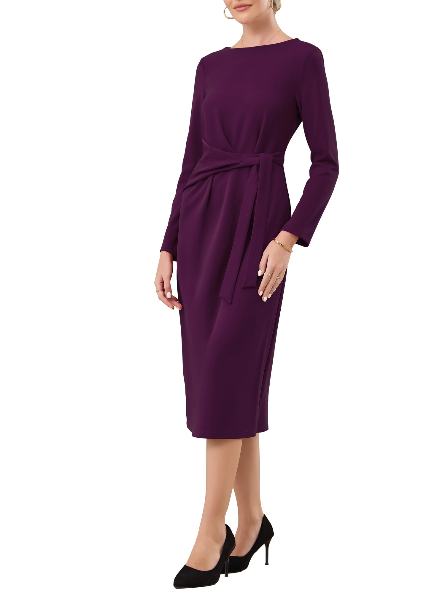 knee length pencil dresses with sleeves Inspire Chic Women's Dress Long Sleeve Tie Waist Church Work Sheath S Purple, Size: Small, Black LowStock:43828465532979