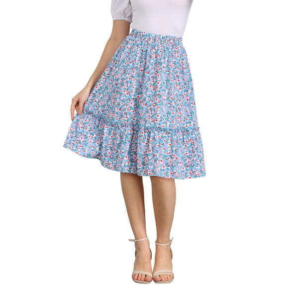INSPIRE CHIC Women's Skirts Knee Length Elastic Waist A-Line Flowy Tiered Ruffle Floral Skirt M Sky Blue