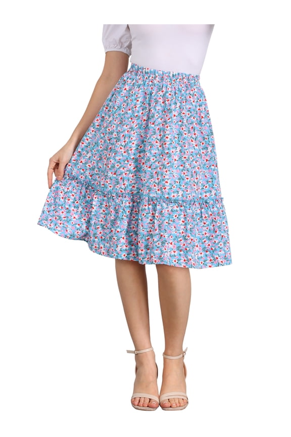 Women's Skirts Knee Length Elastic Waist A-Line Flowy Tiered Ruffle Floral Skirt S Sky Blue