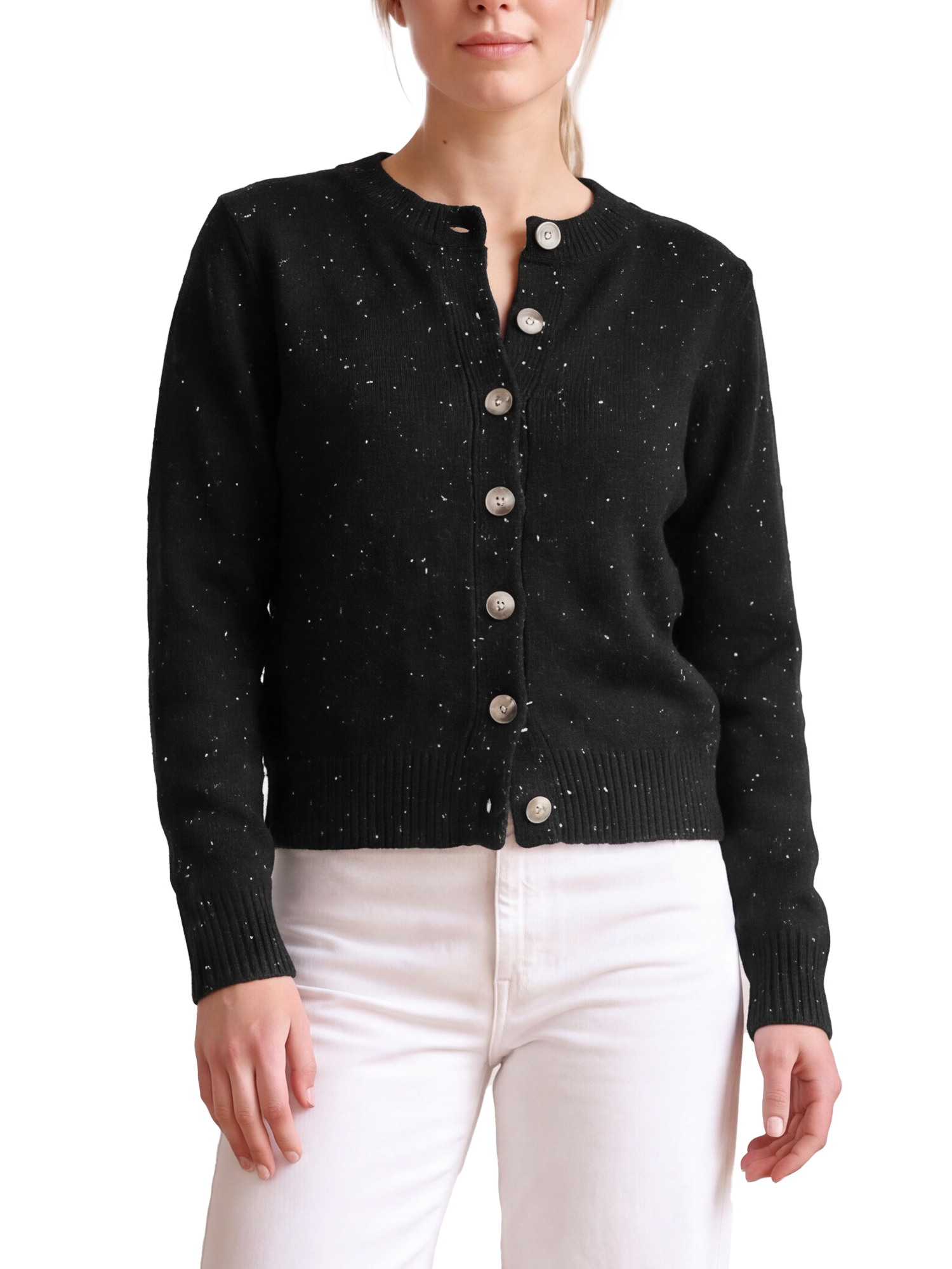 INSPIRE CHIC Women's Knit Cardigan Crew Neck Button Down Mixed Color Dot Long Sleeves Regular Fit Daily Vintage Sweaters Top Small Black