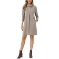 thumbnail image 1 of INSPIRE CHIC Women's Knit Dress 3/4 Sleeve Loose Turtleneck Pullover Sweater Fall Winter Mini Dress with Pockets S Khaki, 1 of 6
