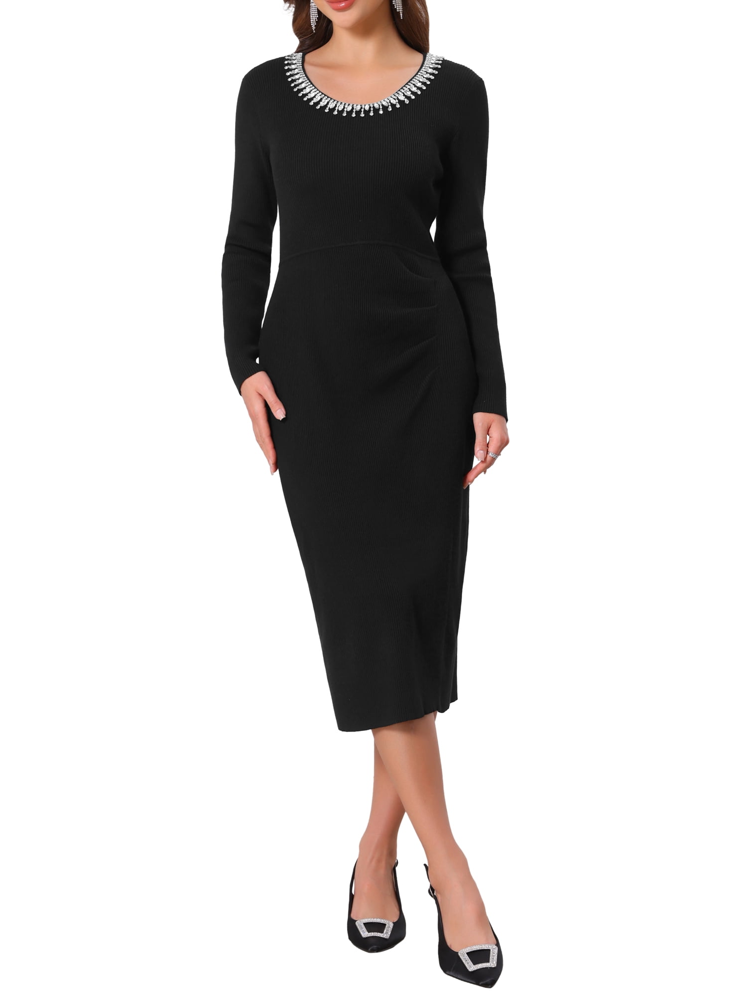 black beaded bodycon dress INSPIRE CHIC Women's Knit Rhinestones Crewneck Long Sleeve Cocktail Dresses 2XL zip closure at side Color:Pop of Champagne Mirrorball (See 