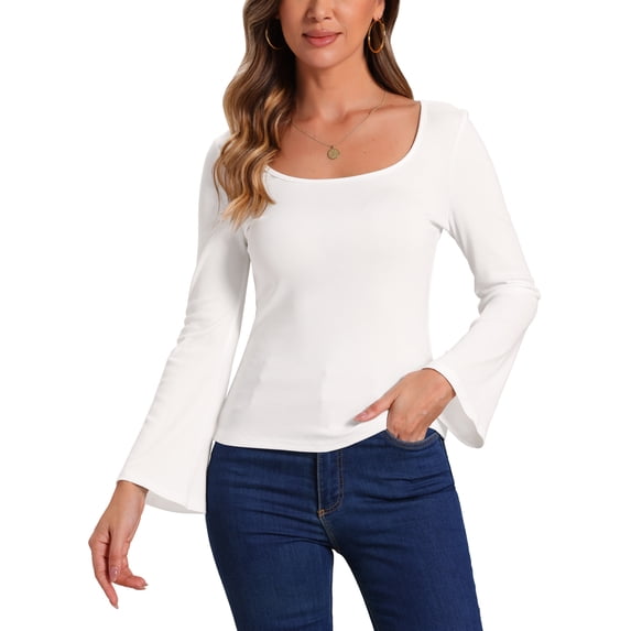 INSPIRE CHIC Women's Knit Long Bell Sleeve Blouse Dressy Casual Shirts Square Neck Top S White