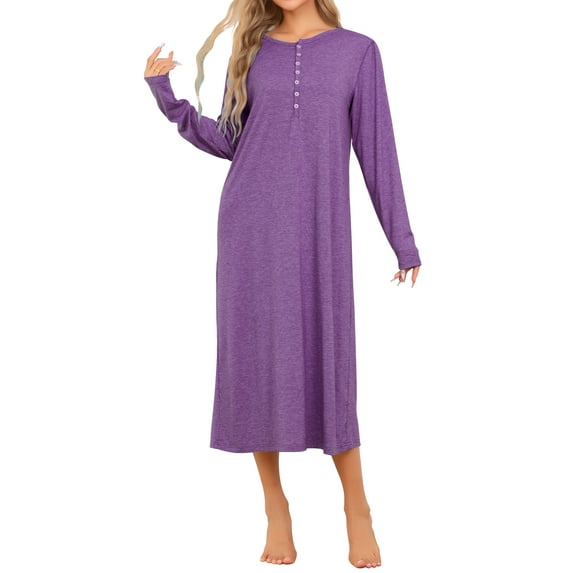 INSPIRE CHIC Women's Knit Nightgown Button Scoop Neck Long Sleeve Long Nightshirt XL Purple