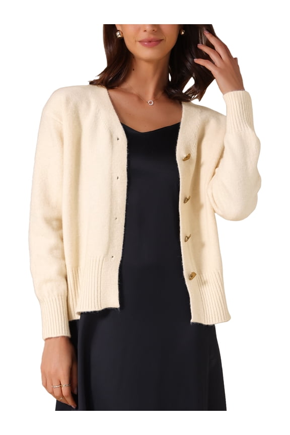 Women's Knit Open Front Button Down Long Sleeve Cardigan Sweater S Beige