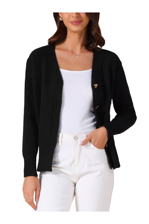 Women's Knit Open Front Button Down Long Sleeve Cardigan Sweater S Black