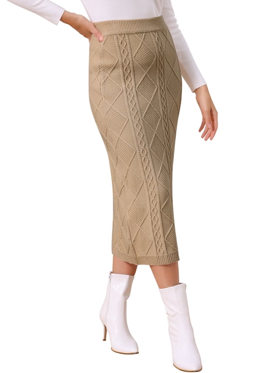 Women's Knit Pencil Skirts Elastic High Waist Stretchy Casual Bodycon Sweater Midi Skirt L Khaki