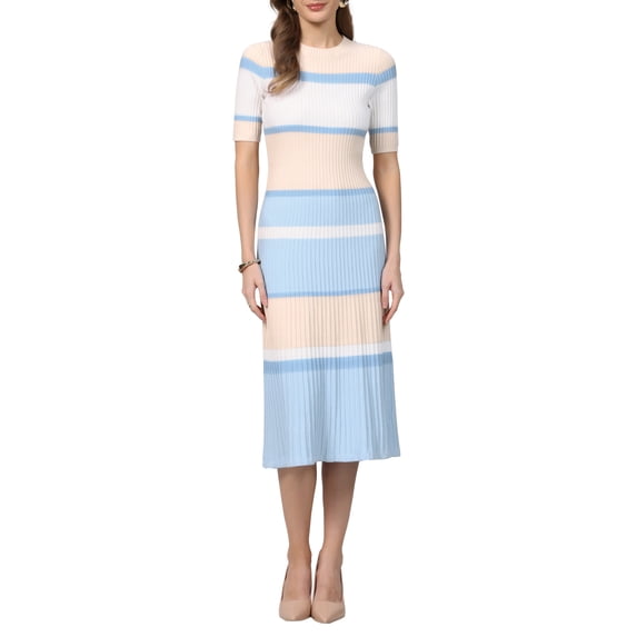 INSPIRE CHIC Women's Knit Striped Dresses Short Sleeve Midi Ribbed Sweater Dress S Light Blue