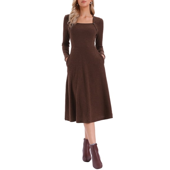 INSPIRE CHIC Women's Knit Sweater Dress Square Neck Button Decor Flared Midi Dresses with Pockets XL Brown