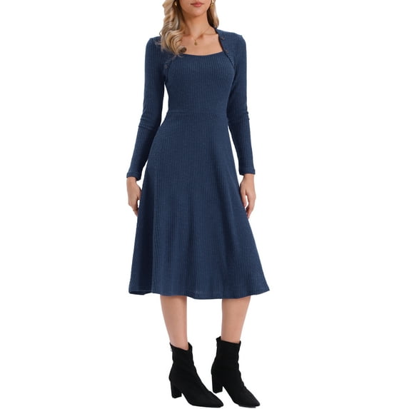 INSPIRE CHIC Women's Knit Sweater Dress Square Neck Button Decor Flared Midi Dresses with Pockets Deep Blue XL