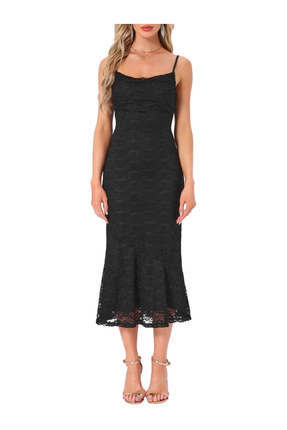 Women's Dress Floral Lace Square Neck Spaghetti Strap Bodycon Cocktail Maxi Dress S Black