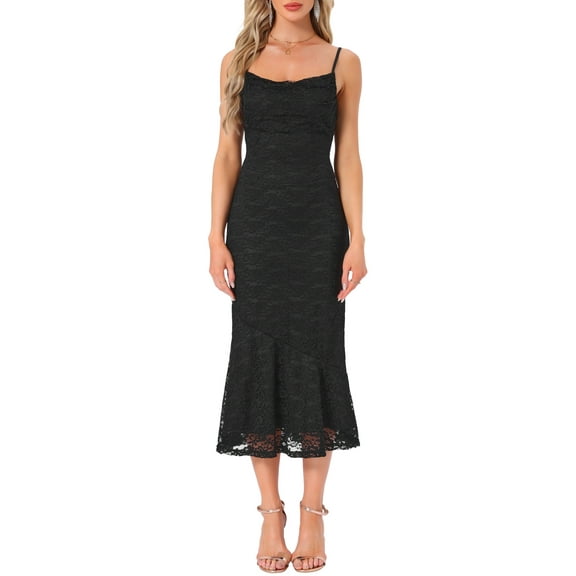 INSPIRE CHIC Women's Dress Floral Lace Square Neck Spaghetti Strap Bodycon Cocktail Maxi Dress XL Black