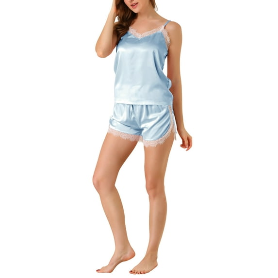 INSPIRE CHIC Women's Lace Cami Shorts Pjs Sleepwear V Neck Camisole Satin Pajamas Set XS-XXL Blue X-Large