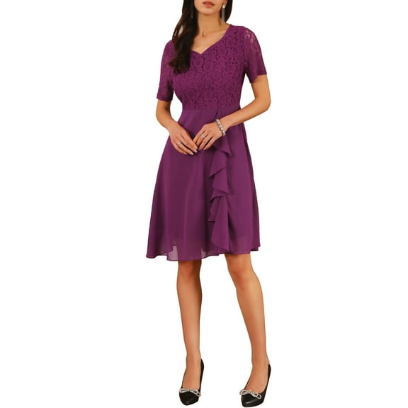 INSPIRE CHIC Women's Lace Chiffon Dresses Ruffle Bridesmaid Wedding Cocktail Midi Dress L Purplish