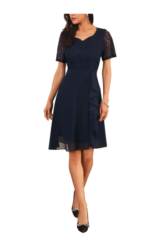 Women's Lace Chiffon Dresses Ruffle Bridesmaid Wedding Cocktail Midi Dress XL Navy Blue