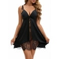 thumbnail image 1 of INSPIRE CHIC Women's Lace Deep V Open Front Spaghetti Strap Full Slips Plunge Chemise with Bulit in Bra L Black, 1 of 5