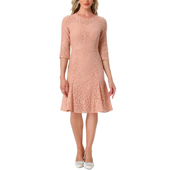 INSPIRE CHIC Women's Lace Dress 3/4 Sleeves Ruffle Bodycon Fishtail Elegant Dress XL Pink