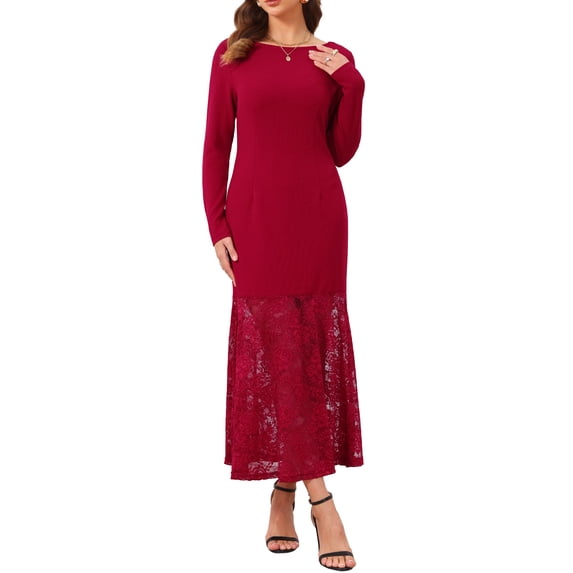 INSPIRE CHIC Women's Lace Dress Formal Fishtail Boat Neck Long Sleeve Wedding Guest Evening Dress S Burgundy