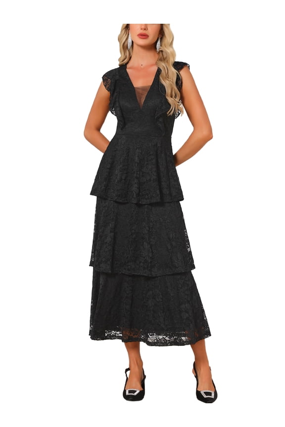 Women's Lace Dress for Wedding Guest Cocktail Evening Ruffle Cap Sleeves Tiered A-Line Maxi Dresses L Black