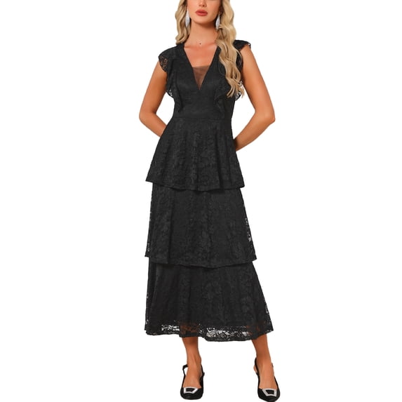 INSPIRE CHIC Women's Lace Dress for Wedding Guest Cocktail Evening Ruffle Cap Sleeves Tiered A-Line Maxi Dresses XL Black