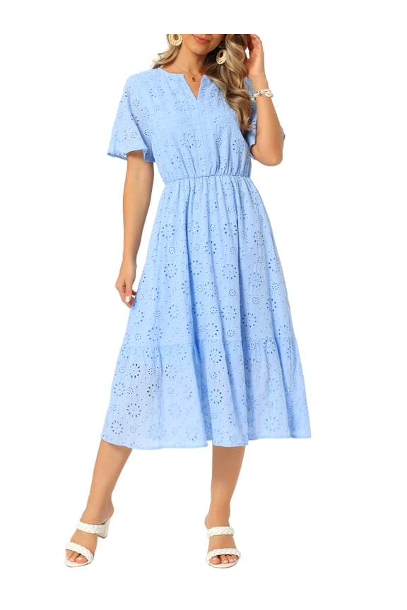Women's Lace Eyelet Dresses Summer Notched Neck Short Sleeve A Line Flowy Beach Midi Dress L Sky Blue