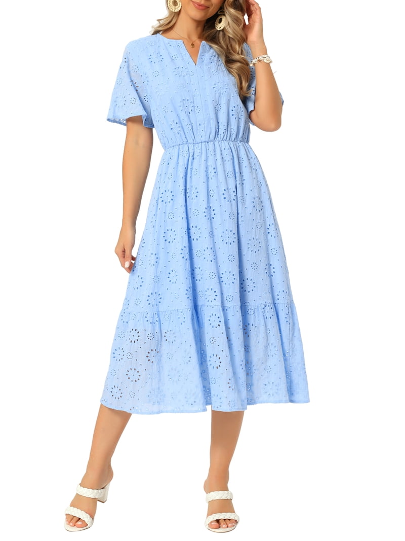 INSPIRE CHIC Mother's Day Outfit Women's Lace Eyelet Dresses Summer Notched  Neck Short Sleeve A Line Flowy Beach Midi Dress M Sky Blue - Walmart.com
