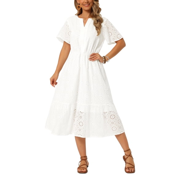 INSPIRE CHIC Women's Lace Eyelet Dresses Summer Notched Neck Short Sleeve A Line Flowy Beach Midi Dress XL White