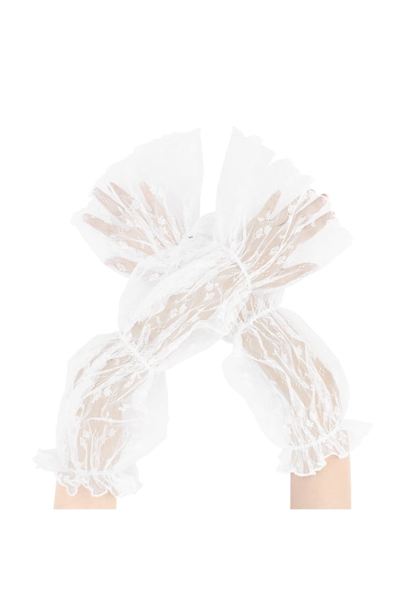 Women's Lace Floral Mesh Gloves Female Pearl Bowknot Polka point Wrist Fingerness Length Sleeves for Elegant Bridge Wedding Evening Party White7
