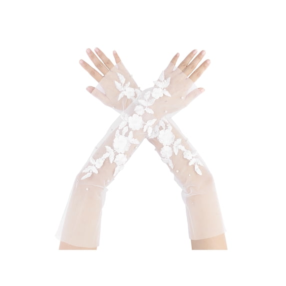 INSPIRE CHIC Women's Lace Floral Mesh Gloves Female Pearl Bowknot Polka point Wrist Fingerness Length Sleeves for Elegant Bridge Wedding Evening Party White1