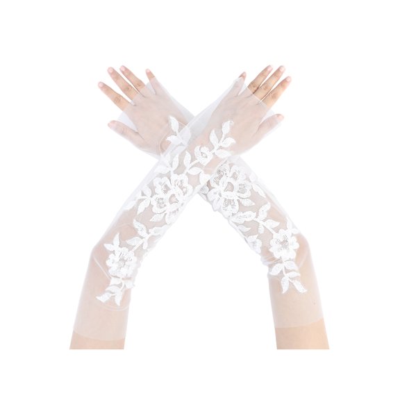 INSPIRE CHIC Women's Lace Floral Mesh Gloves Female Pearl Bowknot Polka point Wrist Fingerness Length Sleeves for Elegant Bridge Wedding Evening Party White20