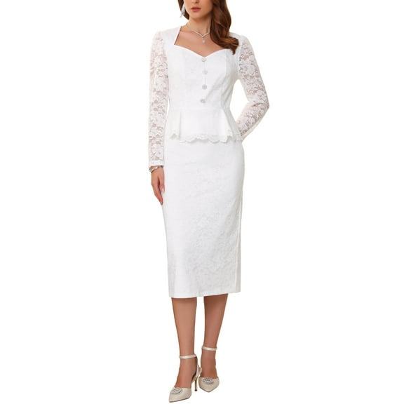 INSPIRE CHIC Women's Lace Formal 2 Pieces Suits Outfits Sweetheart Neck Peplum Top Elegant Cocktail Skirt Sets M White