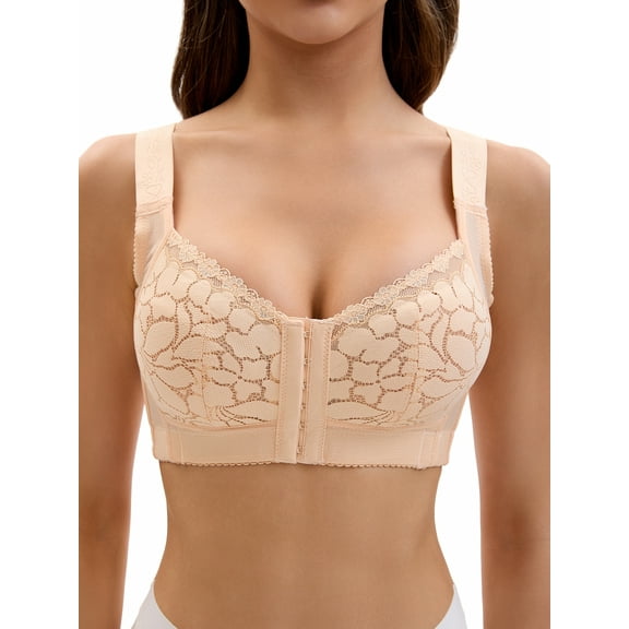 INSPIRE CHIC Women's Lace Front Closure Full Coverage Minimizers Wirefree Wide Straps Soft Bras E 48 Beige