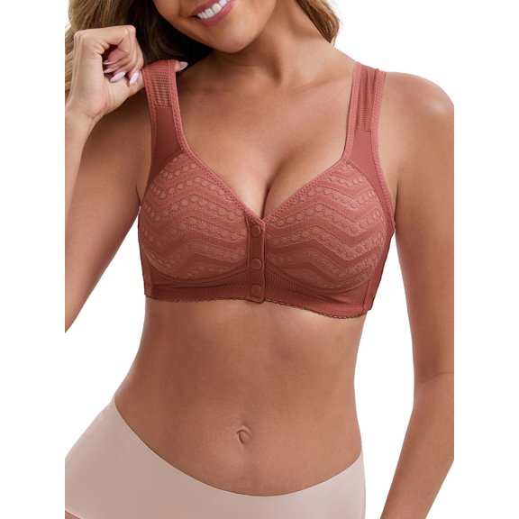 INSPIRE CHIC Women's Bra Lace Front Closure Full Cup Wireless V-Neck Wide Straps Soft Breathable Push Up Everyday Bras XL Dark Pink